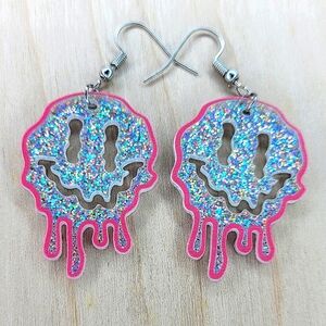 Drip Happy Face Earrings, Acrylic, Foil, Hot Pink